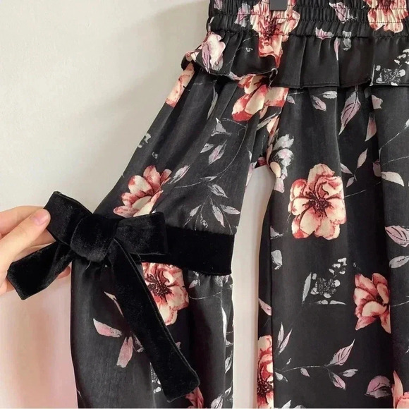 MISA Los Angeles Belva Blouse Off the Shoulder Black Velvet Bow Floral Satin - Picture 7 of 15